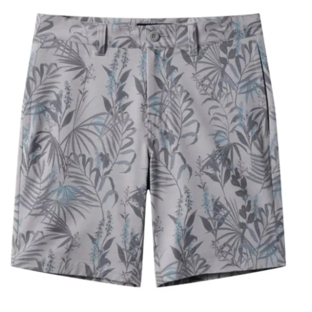 NWT Travis Mathew Gray and Blue Flat Front Shorts with Tropical Print 8” Inseam